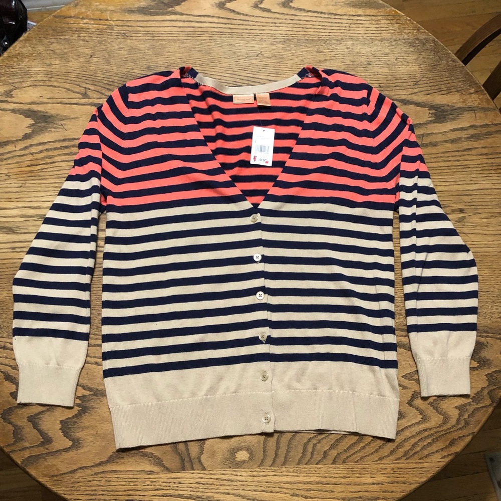NWT Northcrest Tan, Navy Blue & Pink Cardigan Sweater